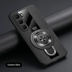 Luxury Sheepskin Leather Magnetic Ring Holder Shockproof Back Cover Case for Infinix Hot 60 (Carbon Fiber Patten)