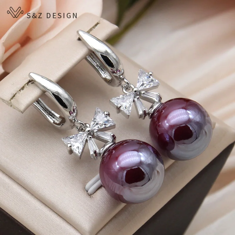S&Z DESIGN New Fashion Cubic Zirconia Bowknot Wine Red Round Beads Dangle Earrings For Women Wedding 585 Rose Gold Color Jewelry
