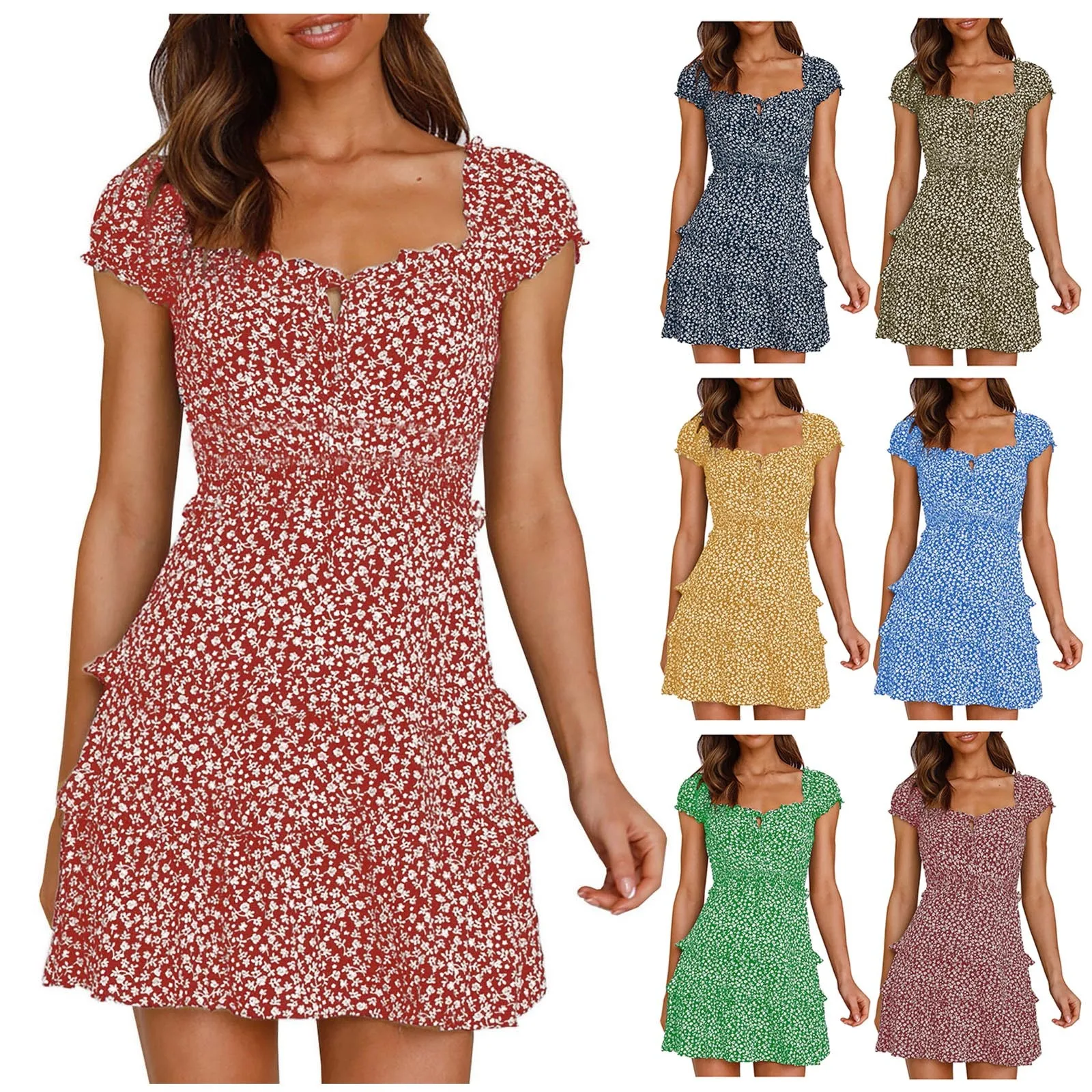 

Summer New Sexy U-neck Lace-up Ruffled Floral Dress Irregular Skirt High Waist Bubble Sleeves Sweet Mini Beach Skirt Party Dress