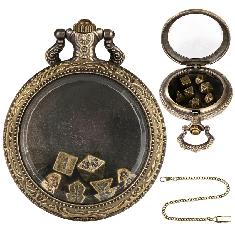 Antique Transparent Pocket Watch Case with 7Pcs/set Metal Polyhedral Dices Role Play Gaming Dice Pendant Chain Gaming Dices