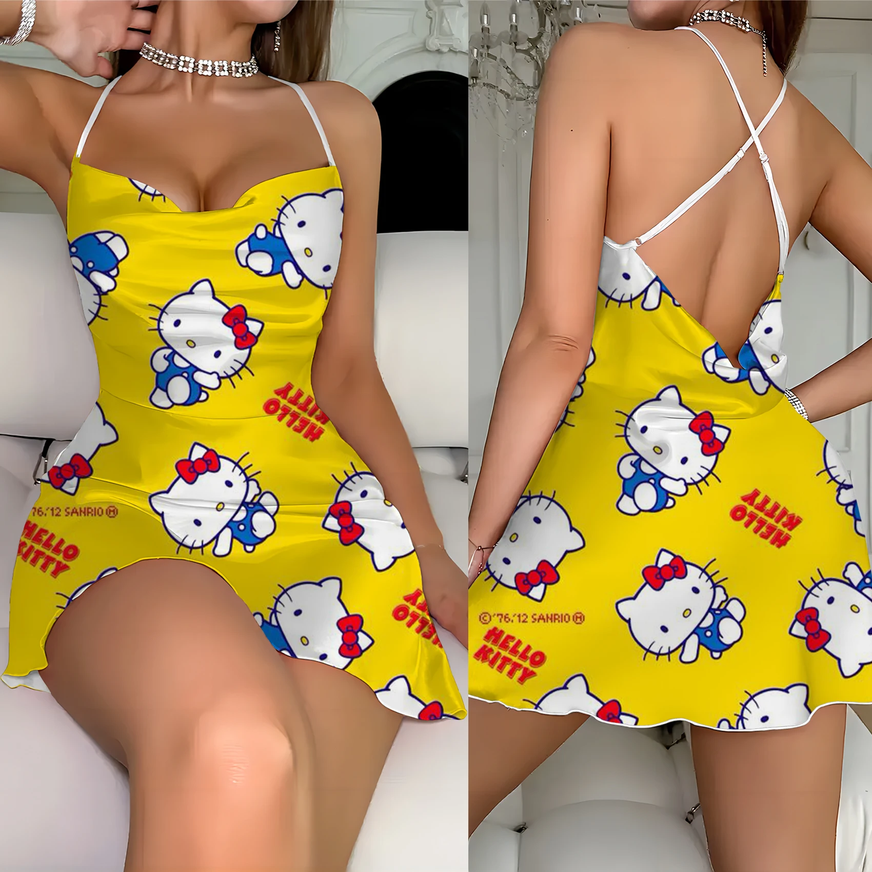 Slip Dress Elegant Gown Hello Kitty Woman Clothes Holiday Outfits Womens Fashion Summer Dresses 2024 Crew Neck Lettuce Trim Neck 6