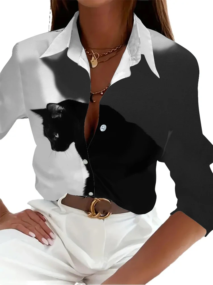 

Повседневные женские рубашки и блузки для отдыха, женские рубашки с милым мультяшным принтом кота, женские рубашки с длинным рукавом, лето 2024