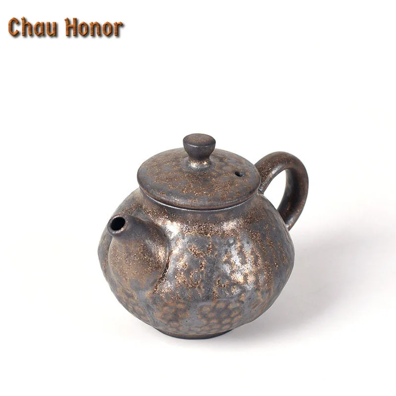 240ml Retro Sprinkle Gold Glaze Ceramic Teapot Handmade Kiln Fambe Hammer Eye Grain Master Cups Puer Personal Pot Gift Packaging