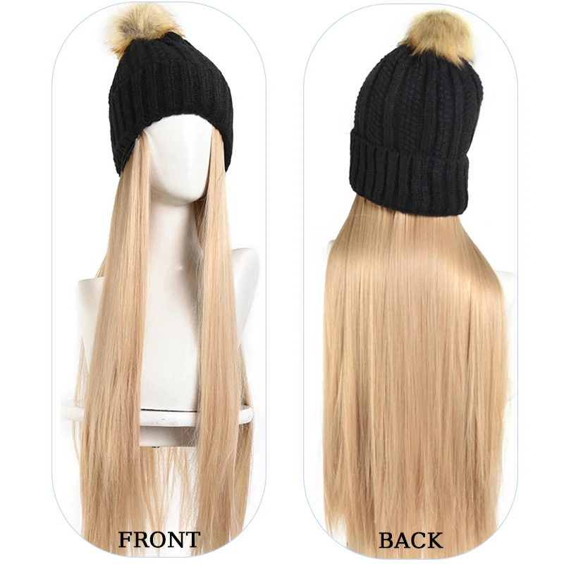 Beanie Hat Wig Hair Extensions Knit Beanie with Attached Long Straight Hair Synthetic Extensions Hairpiece for Women Winter Use