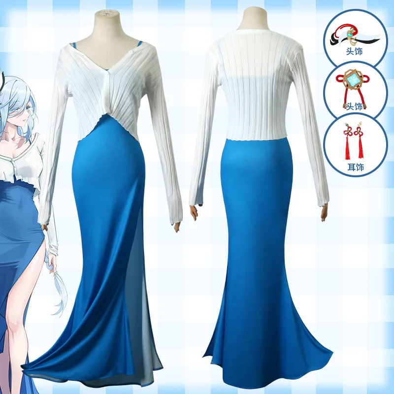 

Shenhe Bunny Cosplay Game Genshin Impact Costume Animation Role-playing Dress with Long Dress with Halter Knit Cardigan