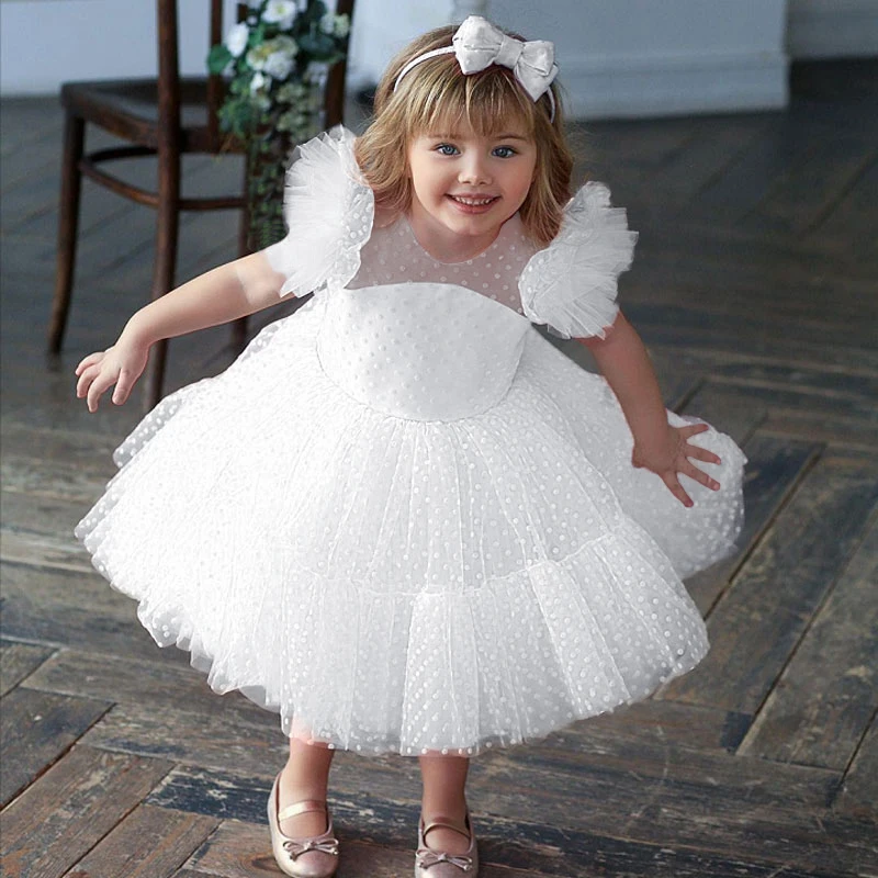 Girls Princess Dress Kids Elegant Wedding Tutu Prom Dresses Children Tulle Flare Sleeve Communion Party Formal Evening Clothes