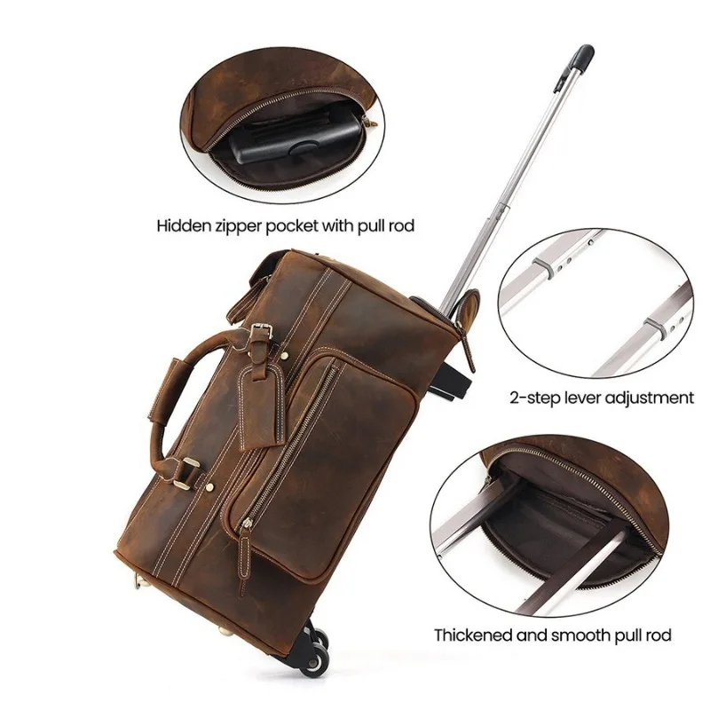 Vintage Top Layer Cowhide Large Capacity Luggage with Wheels for Business Trips Leather Trolley Luggage