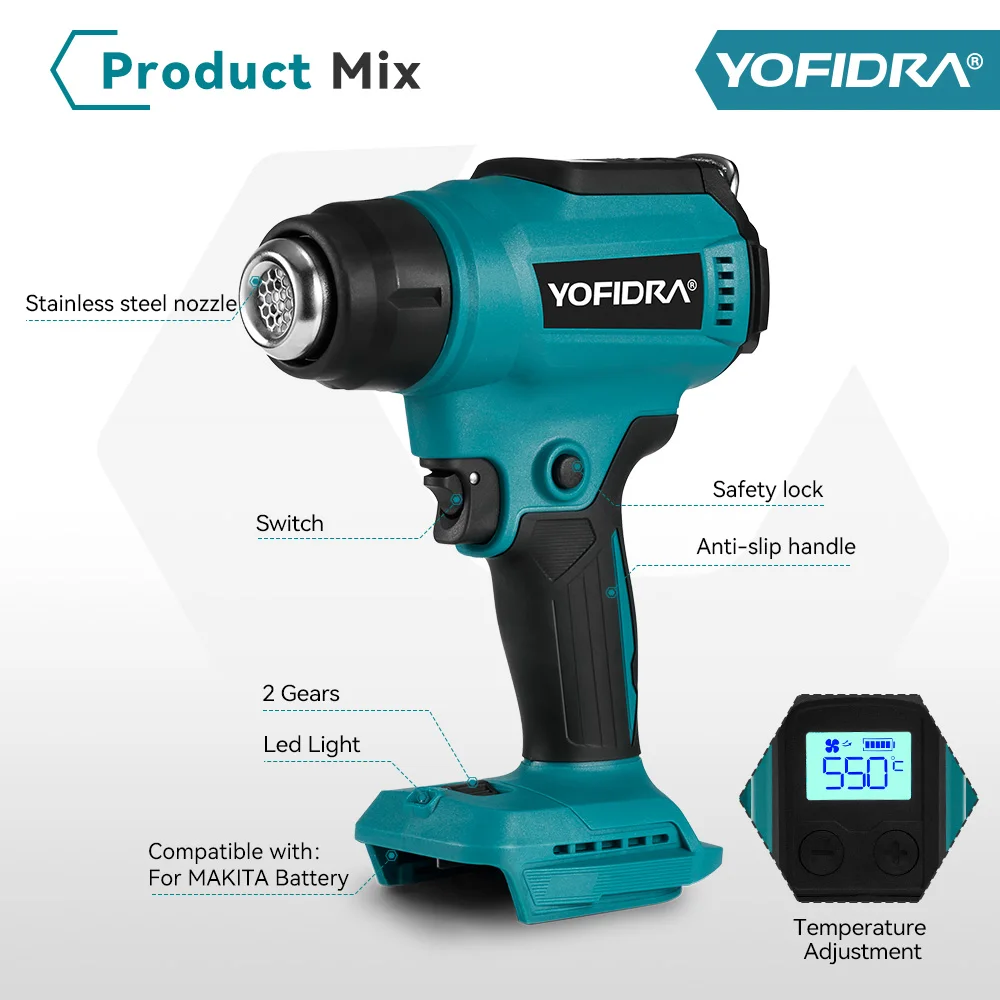 Yofidra 550℃ Hot Air Gun 2 Gears Adjustable LED Display Cordless Rechargeable Industrial Home Tools For Makita 18V Battery 2