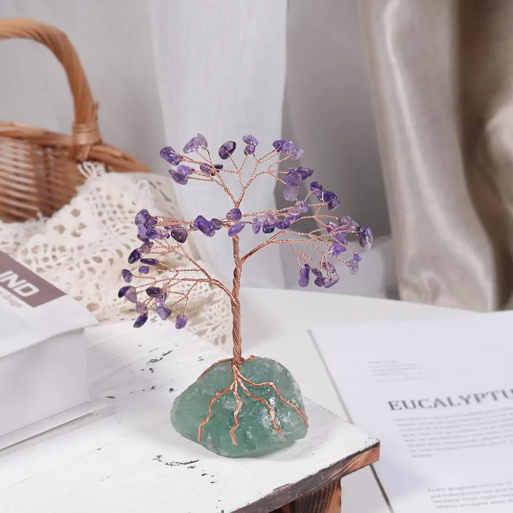 Natural Amethyst Crystal Tree Reiki Healing Mineral Gravels Luck Money Tree With Rough Fluorite Stone Base Desktop Decoration