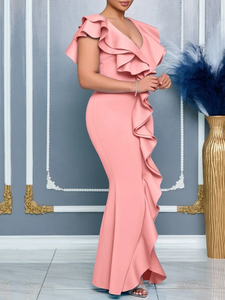 Wmstar 2025 New Women Fashionable Elegant Summer Dress Solid Color V Neck Ruffled Slit Fishtail Dress Short Sleeve High Waist