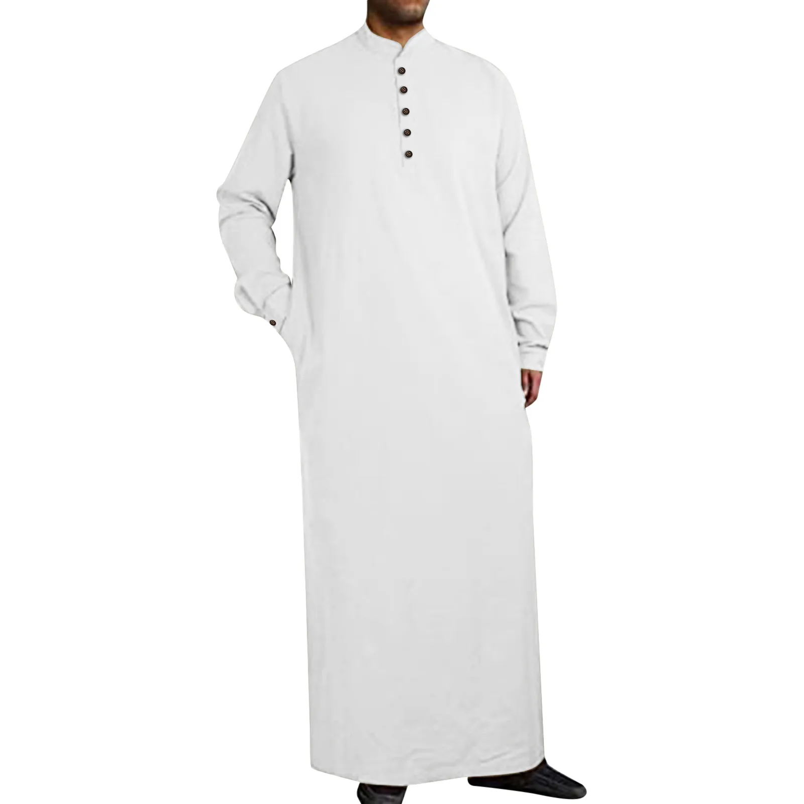 Mens Middle Arabic Style Simple Long Mens Button Muslim Robe Long Sleeve Robe Side Slit Robe Button Pocket Robe robe for men spring summer solid color loose straight robe men s long sleeve single breasted stand collar split long shirt robe