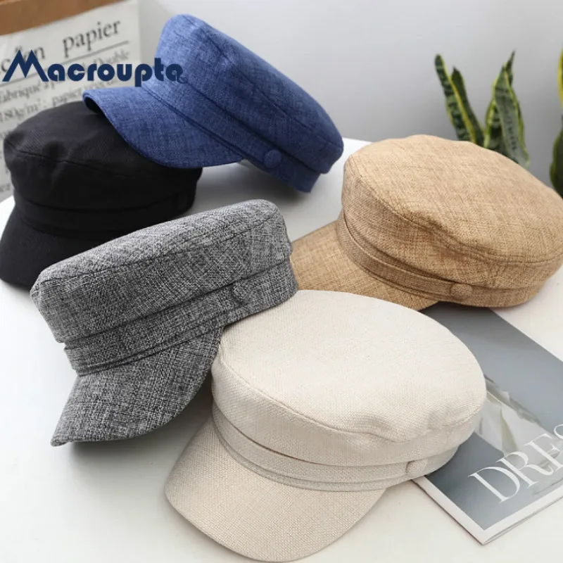 Women Military Hat Flat Cap Spring Autumn Linen Octagonal Solid Color