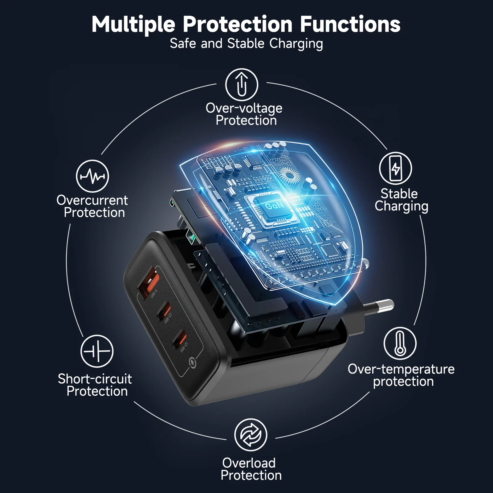 High-Speed 67W GaN Charger with EU Plug - 3-in-1 USB C & USB A Ports