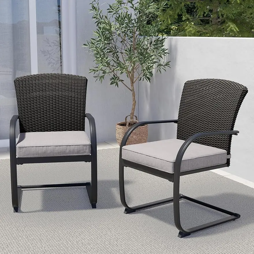 

2-Piece Dining Wicker Chair Outdoor Conversation Set with Cushions C-Spring Rocker Lounge Chair Set of 2 Steel Frame