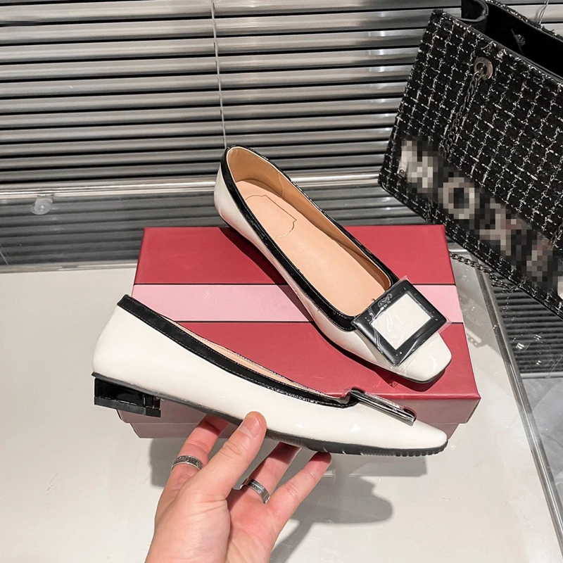 

Summer 2023 New Mary Janes Women's Square Buckle Patent Leather Single-layer Shoes Thick Heel Buckle French Sandals Women