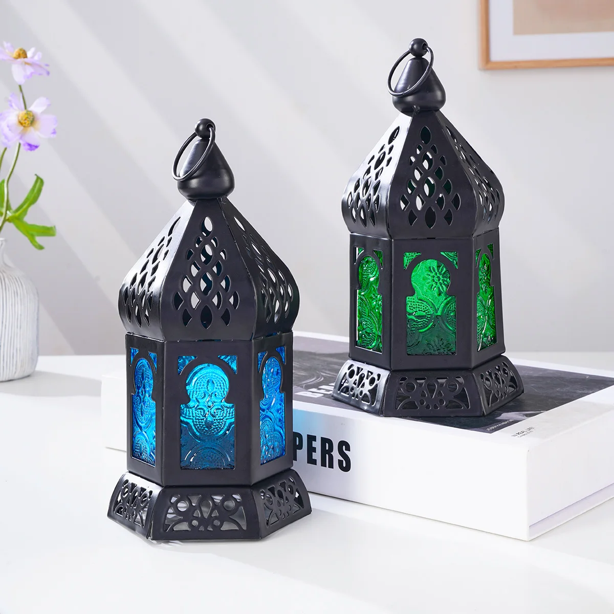 1PC, European retro ironwork, colored windproof glass, elliptical hollowed-out candlestick lighting fixture