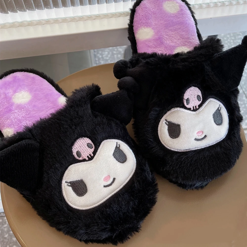 Flat Slippers Kuromi My Melody Sanrio Cartoon Plush Floor Warm Winter Indoor Non-slip Girl Home