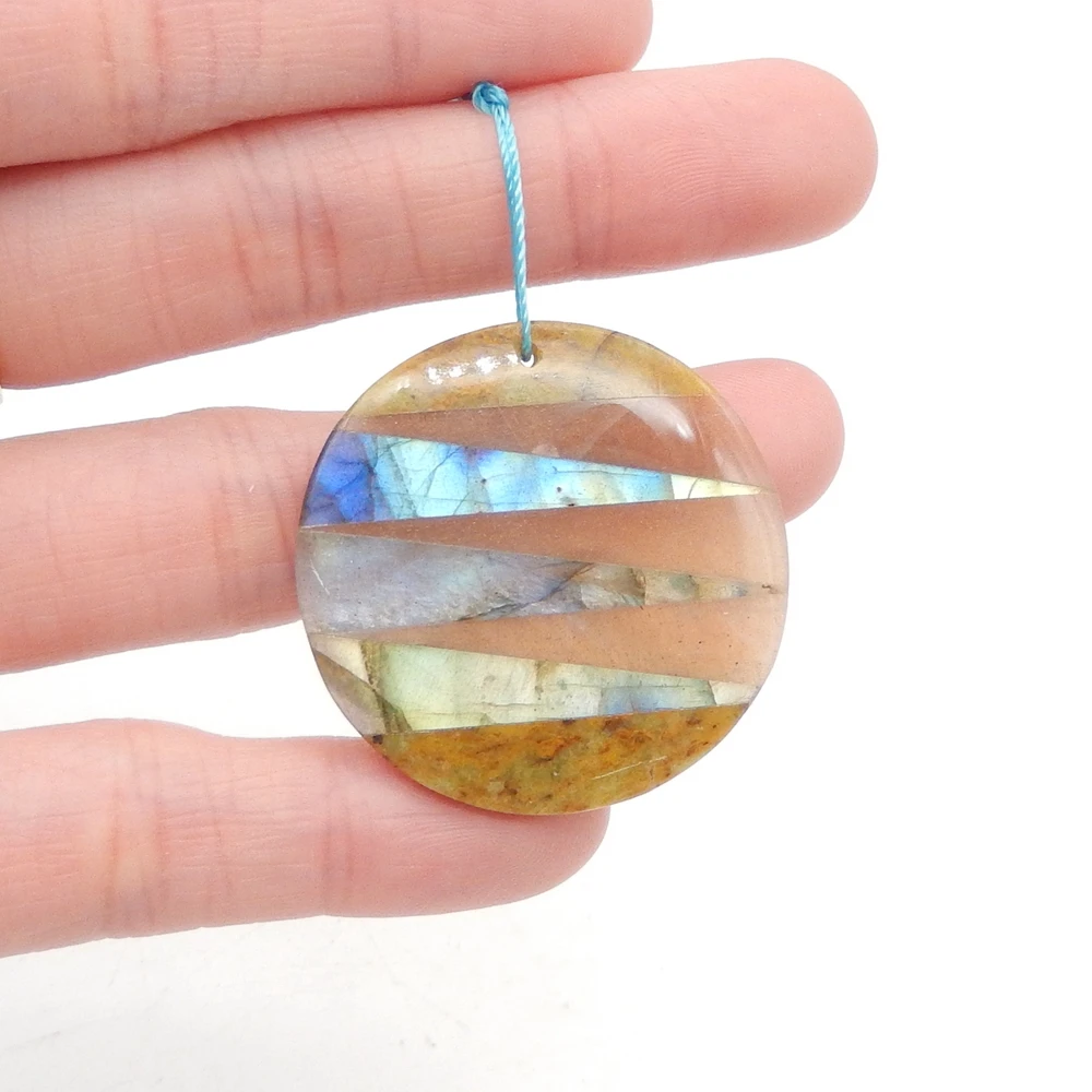 

Natural Gemstone Intarsia Round Pendant Bead for Jewelry Making, Natural Gemstone, Labradorite, Sun Stone and Yellow Opal