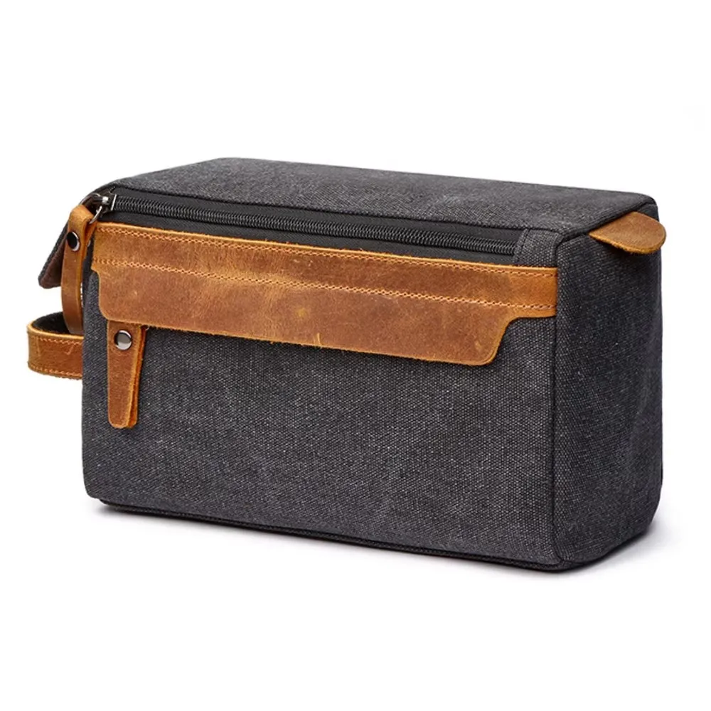 Durable Canvas Zipper Toiletry Bag With Leather Handle Travel Men Wash Shaving Waterproof Storage Bag Women Makeup Organizer Bag 2