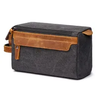 Durable Canvas Zipper Toiletry Bag With Leather Handle Travel Men Wash Shaving Waterproof Storage Bag Women Makeup Organizer Bag 2