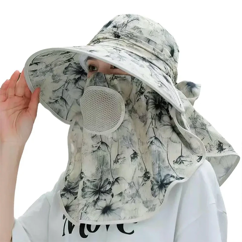 Women Sun Hat Breathable Shawl integrated Picking Tea Hat UV Protection Wide Brim Mesh Sunscreen