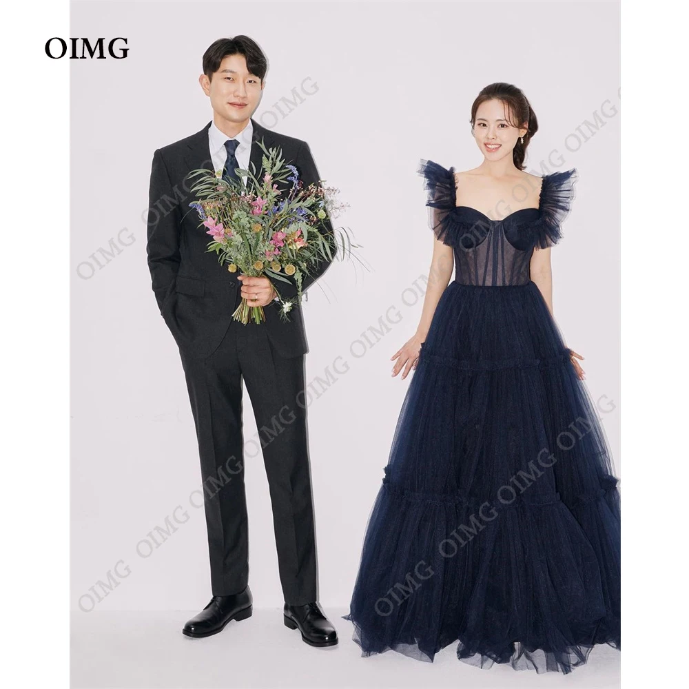 

OIMG Fairy Black Off Shoulder New Tulle Prom Dresses Korea Women Sweetheart A Line Evening Gowns Custom Wedding Photoshoot Party