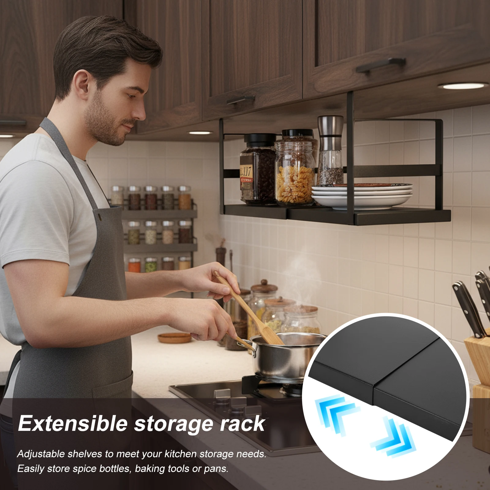 Retractable Storage Shelf Seasoning Bottle Storage Rack Expandable Under Shelf Storage Rack for Kitchen Pantry Office