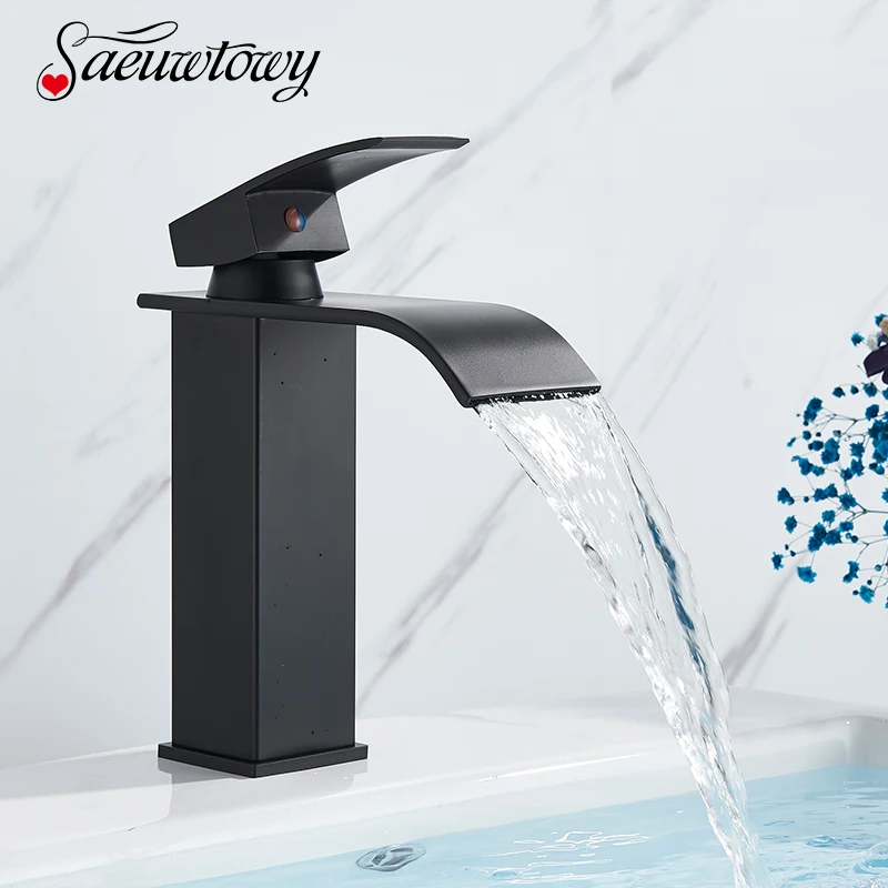 Single Handle Waterfall Bathroom Basin Faucet Waterfall Spout Hot&Cold Sink Mixer Tap Deck Mounted Brass Taps Crane