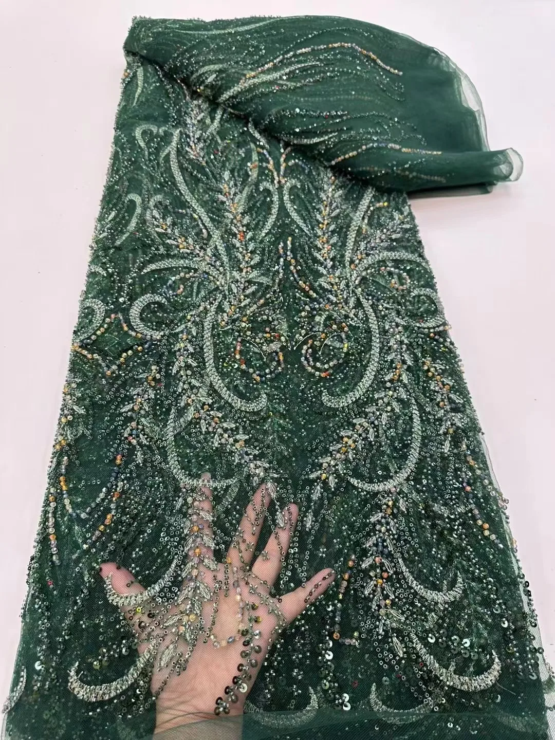 

Green Beads African Lace Fabric 2023 High Quality French Mesh Lace Fabric With Sequins Nigerian Lace Fabrics For Wedding Dress