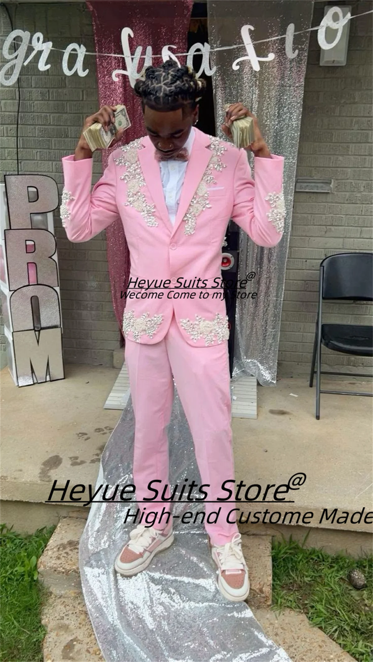 Fashion Pink Rhinestone Embroidery Men Suits Customized Slim Fit Notched Lapel Groom Wedding Tuxedos 2 Pieces Sets Costume Homme