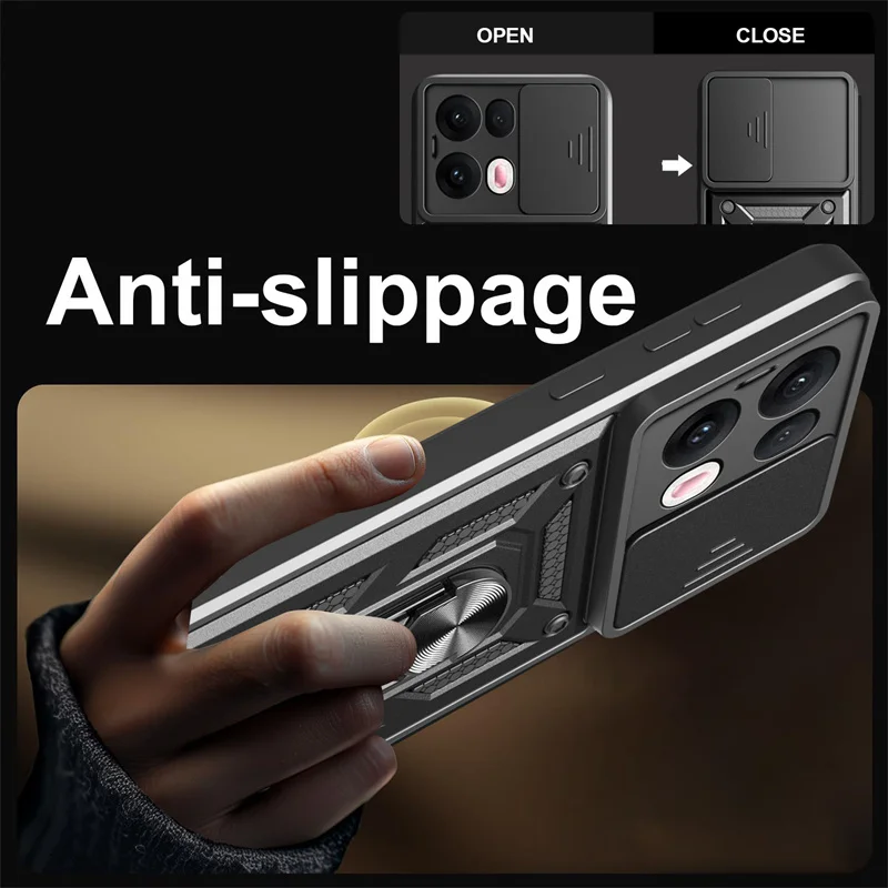 Shockproof Armor Case with Ring Holder and Slide Lens Protection Cover
