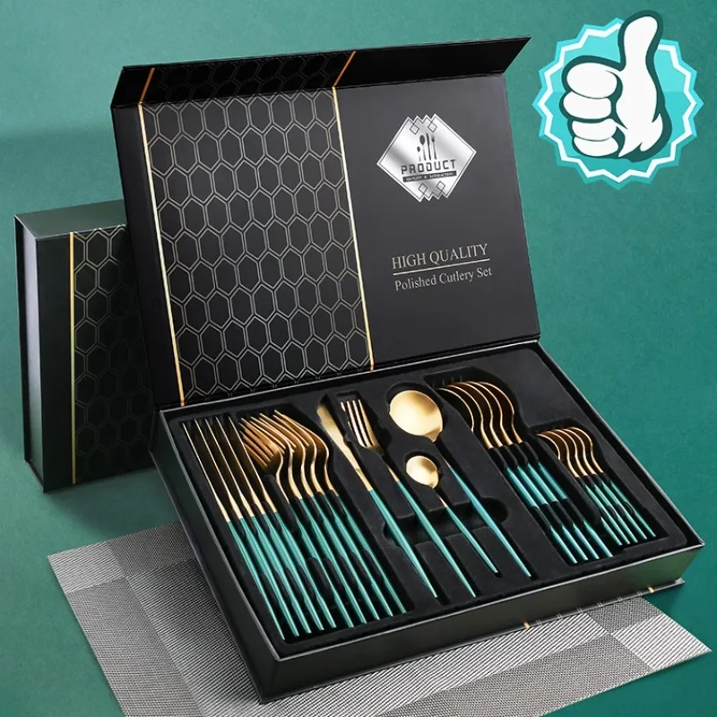 

Portugal 24 pieces set of steak and fork thickened 304 stainless steel knife and fork spoon gift box sanded western tableware