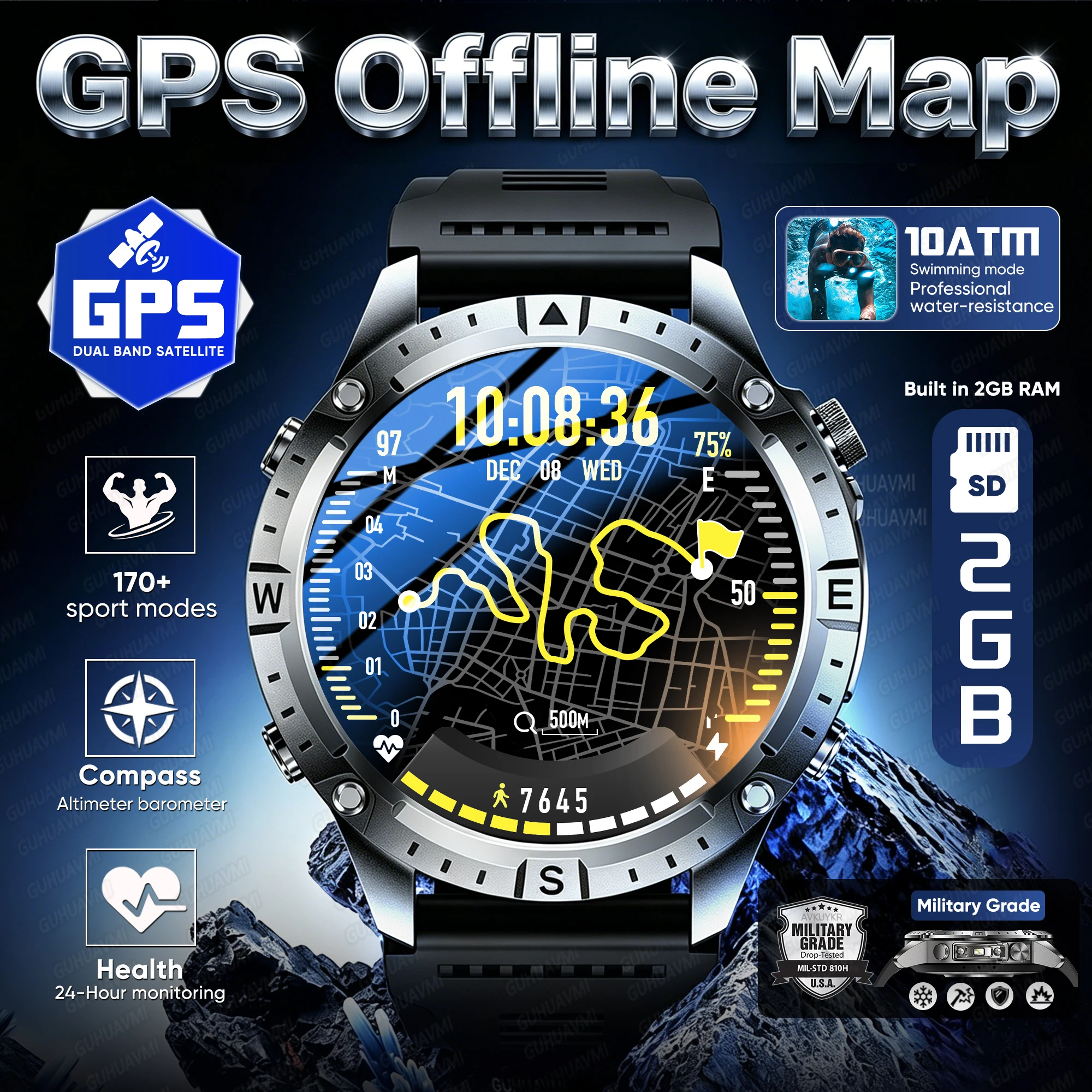 2026 Newly GPS Sports Smart Watch Offline Map 2GB Memory 10ATM Waterproof Compass 1.43" AMOLED Screen Bluetooth Call Smartwatch 1