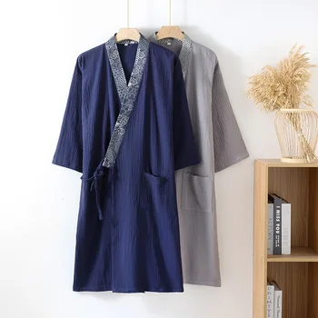 Kimono da uomo pigiama accappatoi per la primavera e l'estate accappatoio in cotone sottile Cardigan di grandi dimensioni accappatoi al vapore con tasca 1