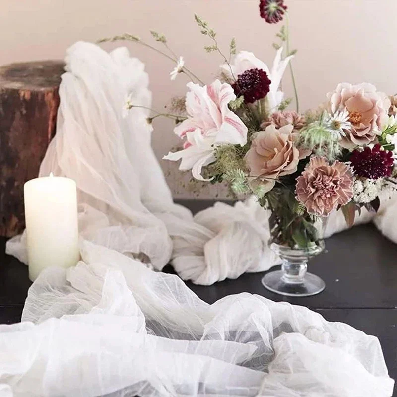 3pcs White Cheesecloth Table Runner Boho Gauze Cheese Cloth for Wedding Bridal Baby Shower Birthday Party Cake Table Decorations 6