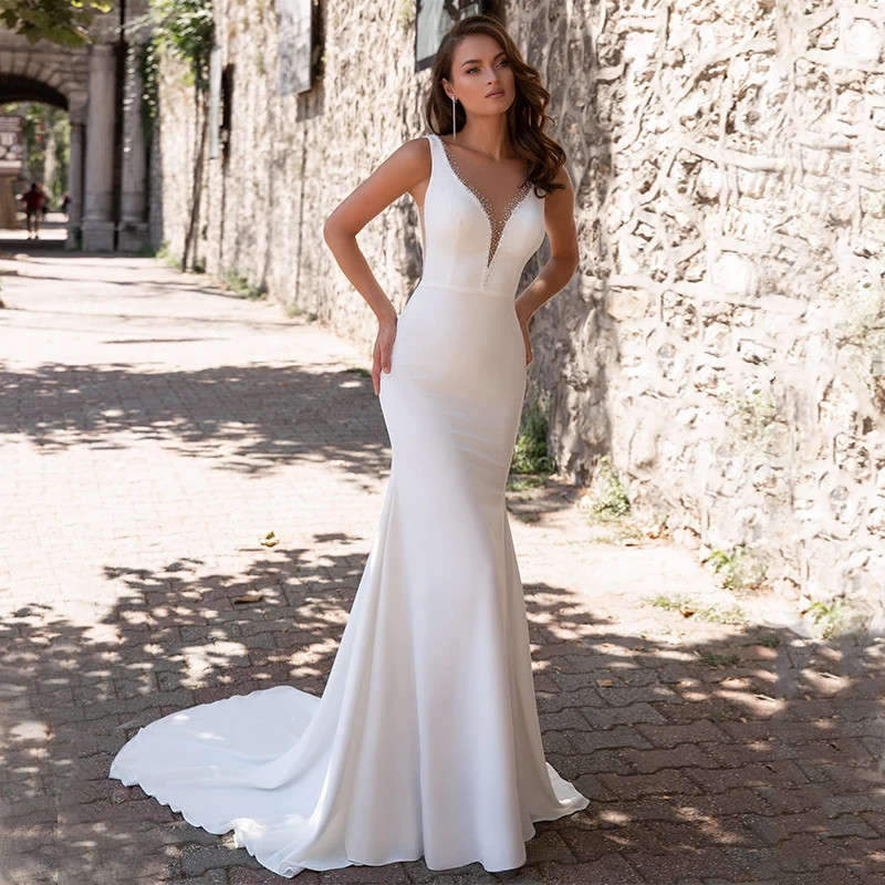 

Sexy Mermaid Wedding Dress 2024 Sleeveless Deep V Neck Backless Illusion Satin Bridal Gown Sweep Train vestidos de novia