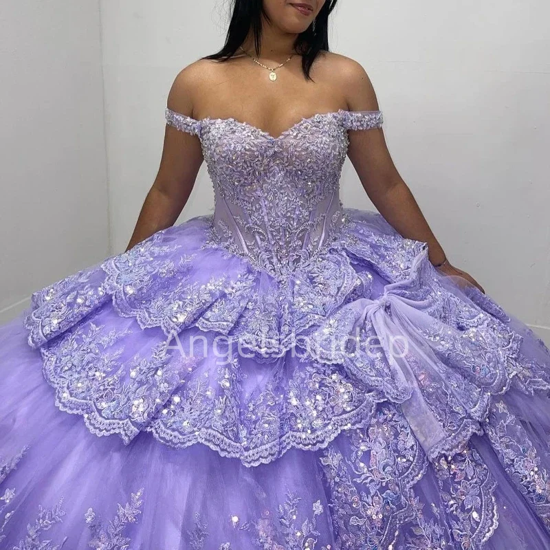 Angelsbride Bingbing Lavender Tiered Appliques Lace Quinnceanera Dress Ball Gown Brithday Party Vestidos De 15 Anos
