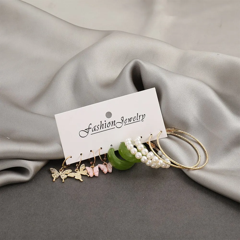 5 Pairs Of Set Earring Acrylic Butterfly Creative Simple Green Acrylic Earrings Pearl Earrings Women