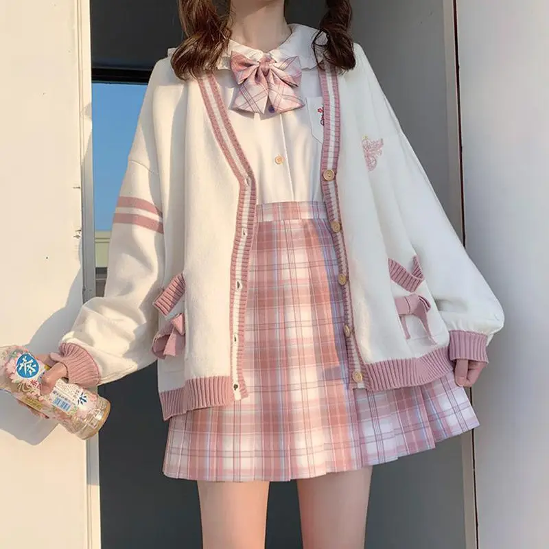 

NewJapanese Embroidery Rabbit Cardigan Women Loose Bowknot Pocket Oversized Patchwork Knitted Sweater Jacket Mujer 2022 Autumn