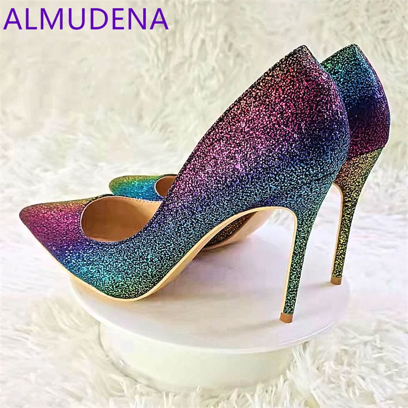 

Colorful Pointed Toe Thin Heel Women Pumps Shallow Bling Bling Super High Heel Dress Shoes Mature Party Slip On Adult Pumps Shoe