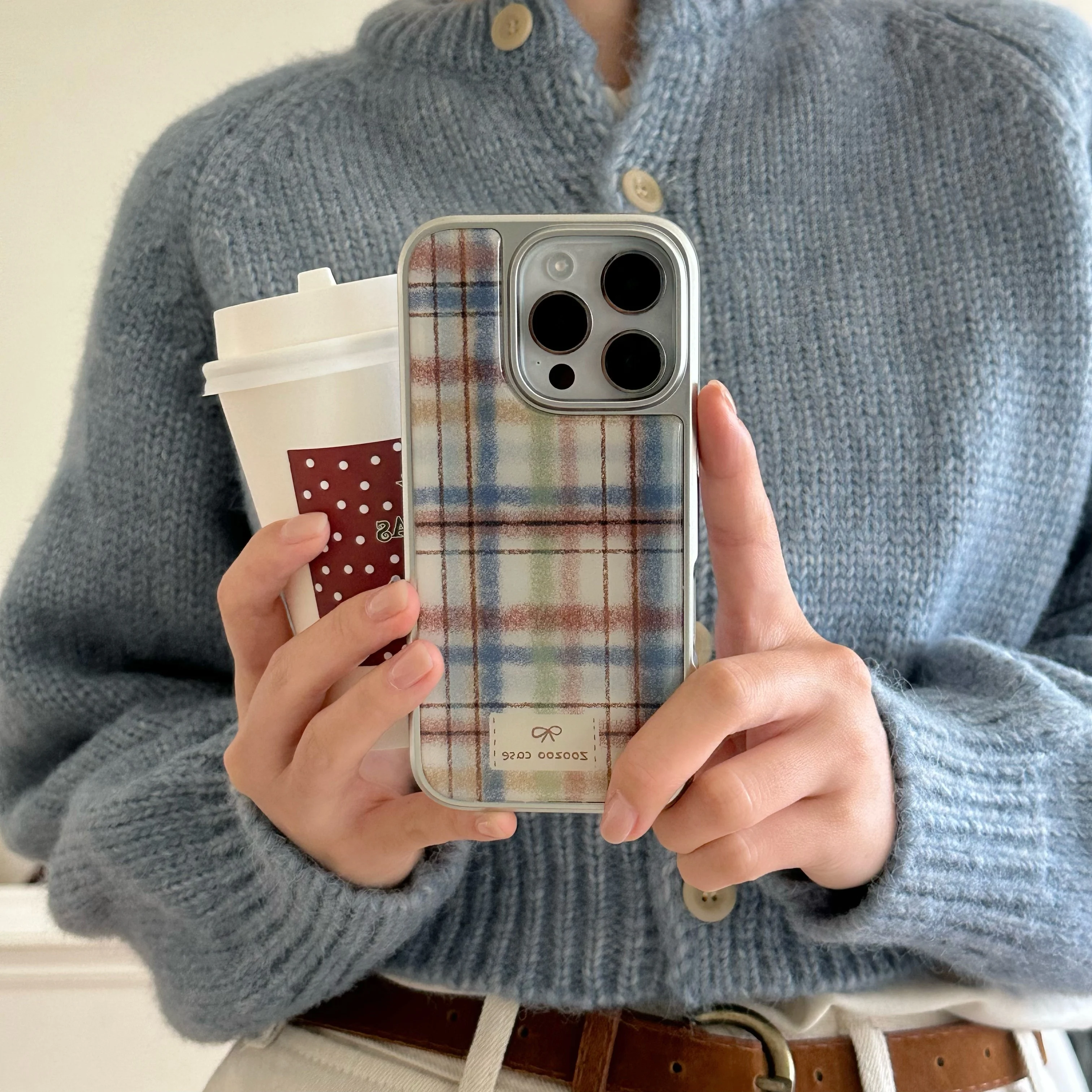 Retro Plaid Plush Silver Edge Protective Phone Case