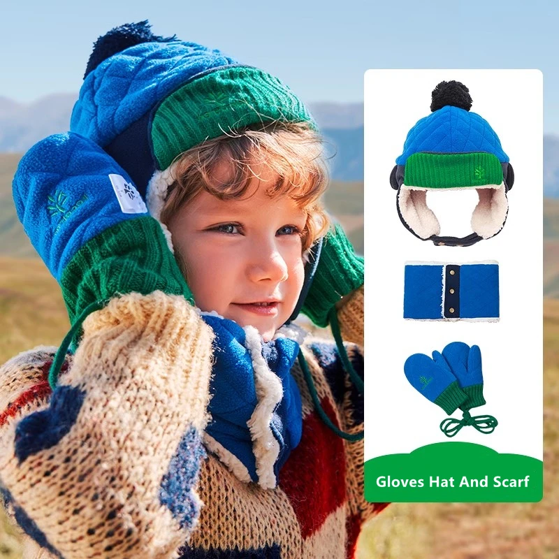 Warm Children Hat Scarf Gloves Set Autumn Winter Kids Ear Protection Warm Cap Boy Girl Soft Windproof Thickened Velvet Hats