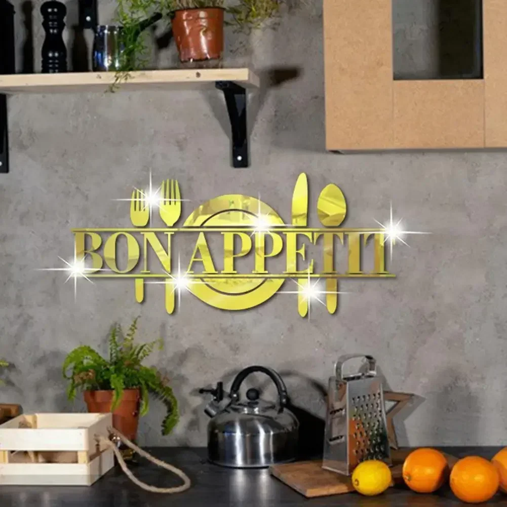 BON APPETIT Letter Plate Mirror Stickers 3D Acrylic Art Knife And Fork Kitchen Wall Stickers DIY Tea Room Home Decoration