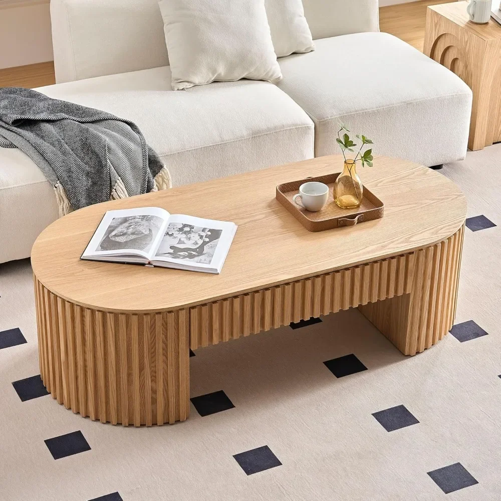 51.18''W Fluted Drum Coffee Table with Drawer, Modern Contemporary Pedestal Tables Oval Accent End Table, No Assembly Request 4