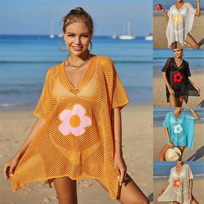 Flower Beachwear for Beach Cover Up Women Summer Sundress Knitted Swim Cover Ups on The Sea 2024 Fashion Swimwear Coverup