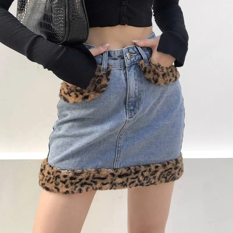 

Fashion Denim High Waist Fur Hem Mini Skirts Sexy Pockets Winter Short Denim Skirt Cute Bodycon Bottoms Clubwear Saia Faldas