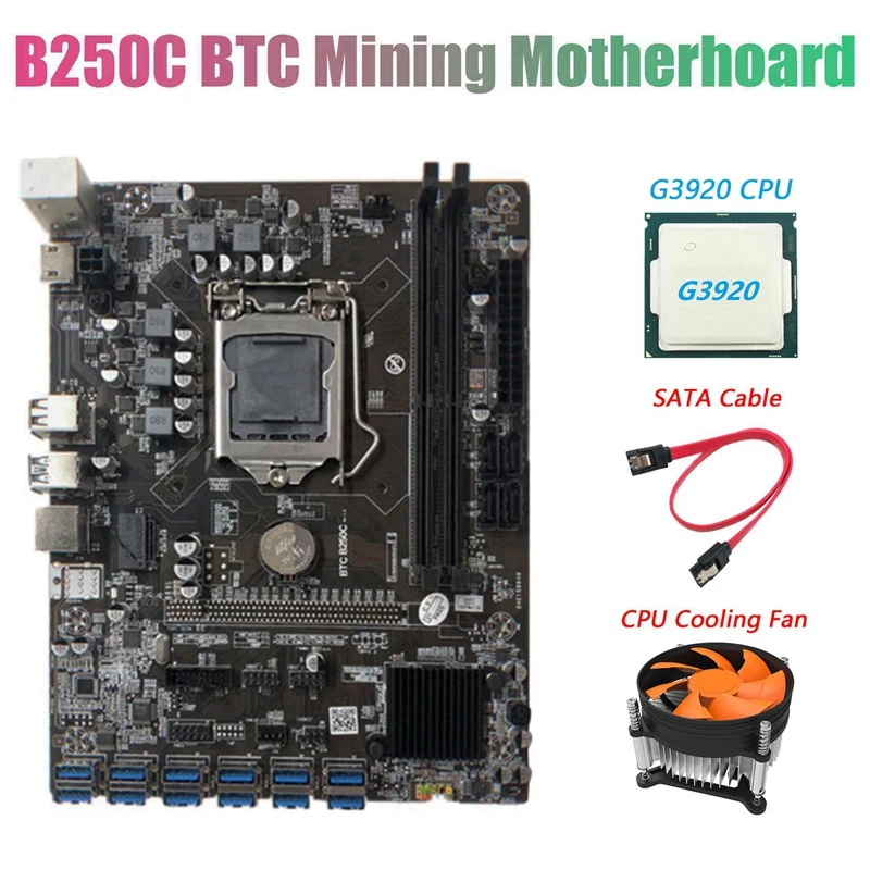 Материнская плата B250C для майнинга BTC с ЦП G3920 или G3930 + кабель SATA вентилятор 12xpcie на