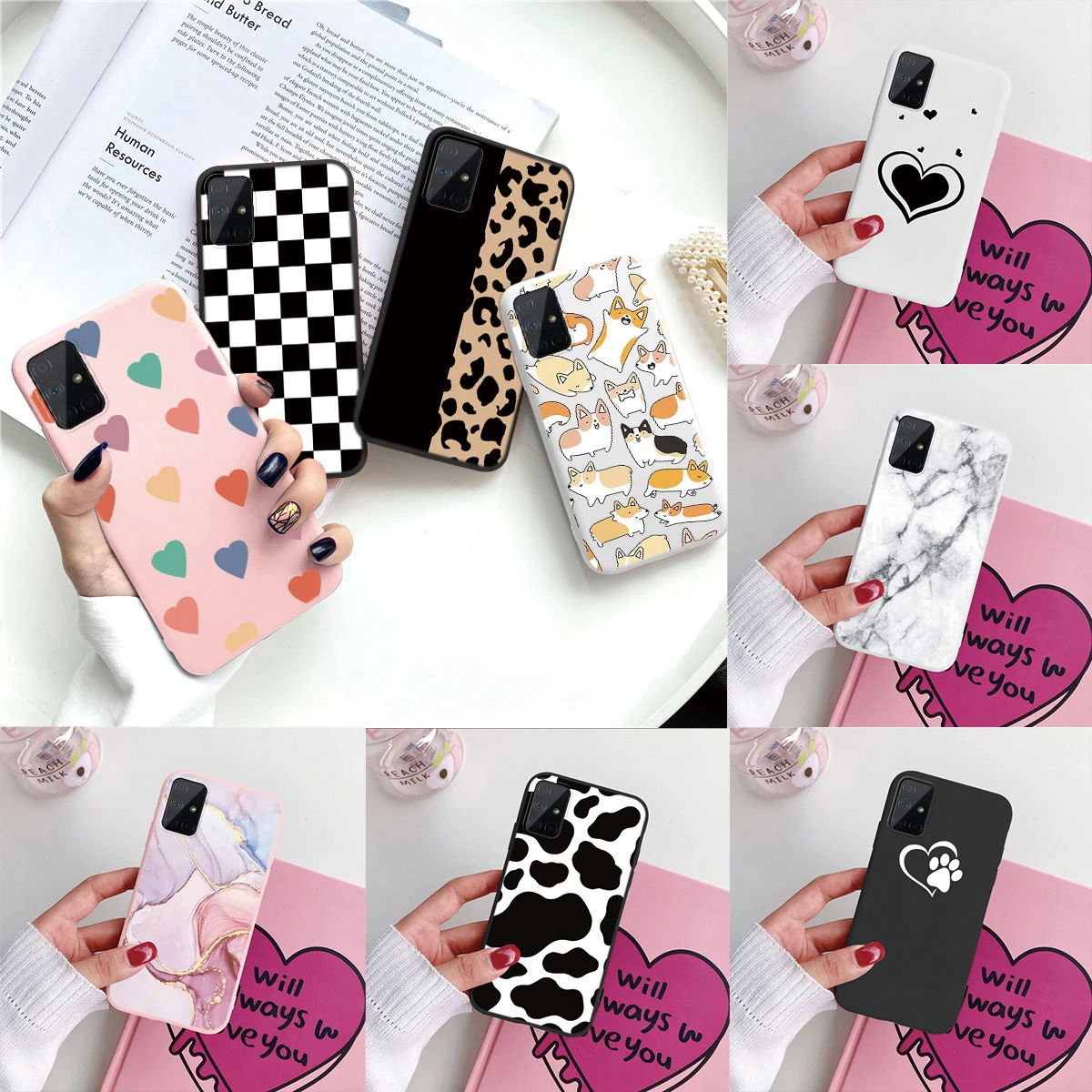 Per Samsung Galaxy A71 Custodia Cute Love Dog Cat Milk Cow Stampa Leopardo Cover Posteriore In Marmo Per Samsung A 71 4G 5G 7 1 Phone Funda