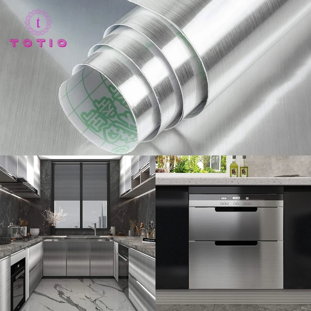 TOTIO Waterproof Silver Wallpaper Self Adhesive Stainless Steel Wallpaper  Heat Resistance Vinyl Oilproof House Appliance Kitchen