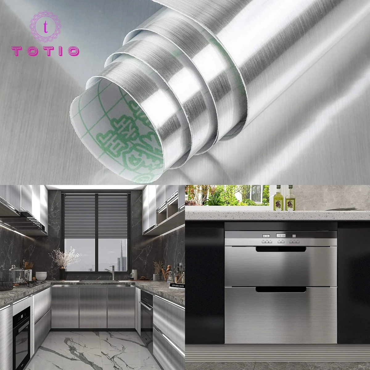 TOTIO Waterproof Silver Wallpaper Self Adhesive Stainless Steel Wallpaper  Heat Resistance Vinyl Oilproof House Appliance Kitchen